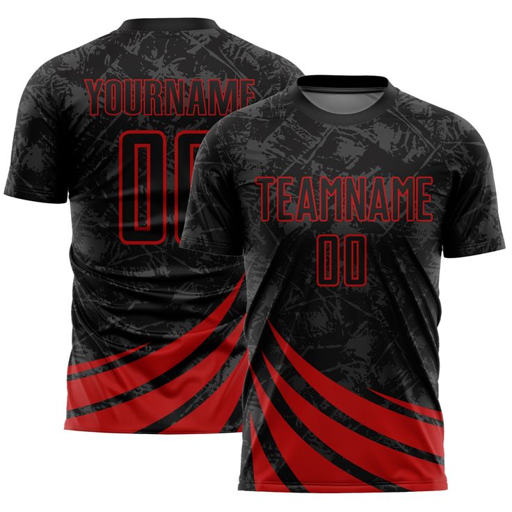 a black and red shirt with the number 00 on it, featuring an image of a team