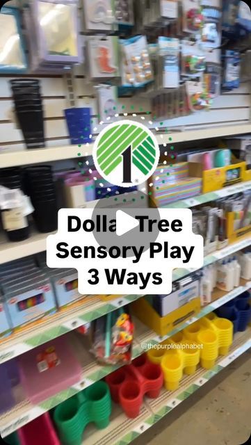 the dollar tree sensory play 3 ways is on display in a store with shelves full of toys