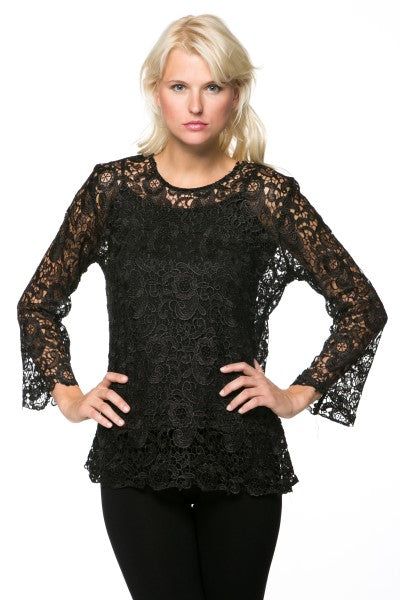 BTT-02451 Stylish and lovely, this lace top is sure to make an impression on any occasion. Perfect for formal and casual events, the lace set features a chic, long sleeve top with a rounded neck and a scalloped hem. The sleeves have a slight flare at the cuff that gives this set an extra dash of refinement. Five buttons in the back secure this trendy lace blouse. The sheer blouse goes over a simple black tank top. Material: Tank Top: 93% Polyester, 7% Spandex, Blouse: 100% Cotton Care Instructio Chic Long Sleeve Lace Top With Lace Trim, Elegant Lace Party Dress With Lace Sleeves, Elegant Lace With Lace Sleeves For Party, Elegant Scalloped Lace For Formal Occasions, Chic Long Sleeve Lace Top With Lace Collar, Elegant Long Sleeve Lace Top With Patchwork, Elegant Long Sleeve Lace Patchwork Top, Lace Top For Party In Fall, Spring Lace Top For Night Out