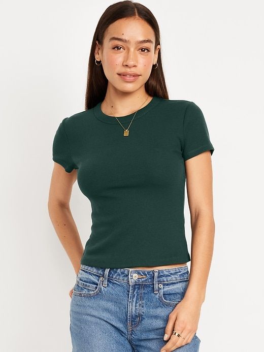 Snug Crop T-Shirt | Old Navy Basic Solid T-shirt With Snug Fit, Solid Color Snug Fit Crew Neck T-shirt, Casual Fitted Crew Neck T-shirt, Fitted Green Cropped T-shirt With Crew Neck, Green Fitted Cropped T-shirt With Crew Neck, Fitted Casual Cropped T-shirt With Crew Neck, Green Fitted Crew Neck Cropped T-shirt, Trendy Fitted Crew Neck T-shirt, Fitted Cotton T-shirt