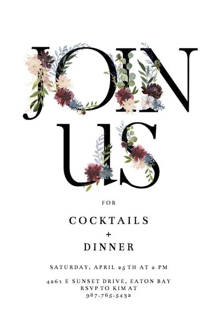 the front and back of an event card with flowers on it, says join us for our wedding dinner