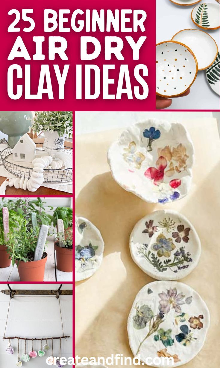 Collage of things to make with air dry clay. Beginner Air Dry Clay, Clay Crafts Air Dry Easy, Air Dry Clay Ideas For Kids, Diy Air Dry Clay Projects, Easy Air Dry Clay, Dry Clay Ideas, Air Dry Clay Ideas, Crayola Air Dry Clay, Clay Jewellery Holder