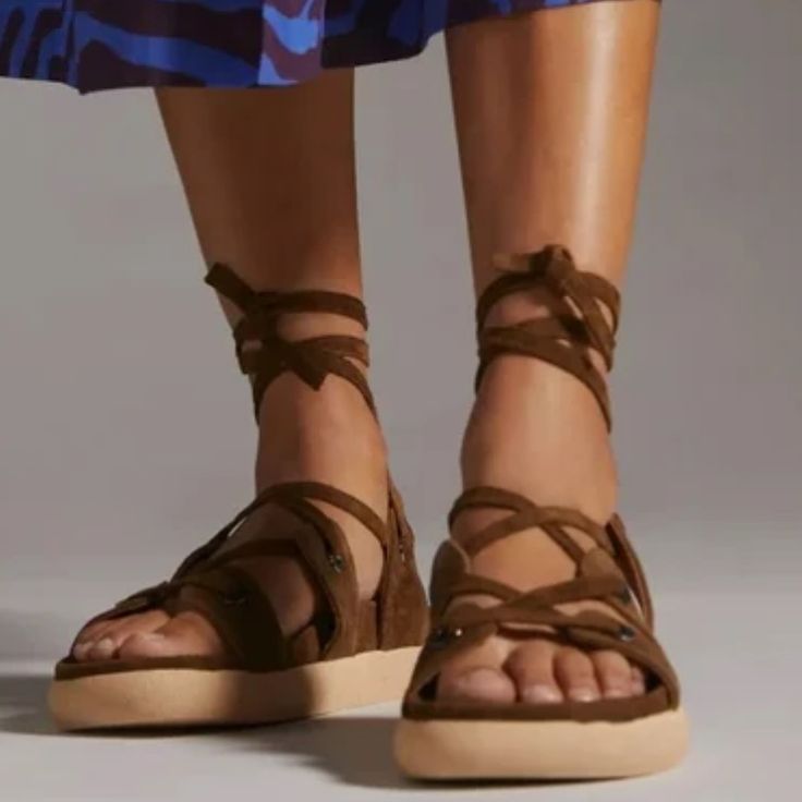 Anthropologie Gladiator Sandals Brown/Greenish Suede Very Sturdy And Comfortable Size 40 Summer Suede Platform Footbed Sandals, Summer Suede Sandals With Leather Footbed, Summer Suede Footbed Sandals With Leather Footbed, Casual Suede Platform Sandals, Casual Lace-up Platform Sandals, Suede Platform Sandals For Vacation, Beach Suede Lace-up Sandals With Round Toe, Suede Lace-up Sandals For Beach With Round Toe, Casual Suede Lace-up Beach Sandals