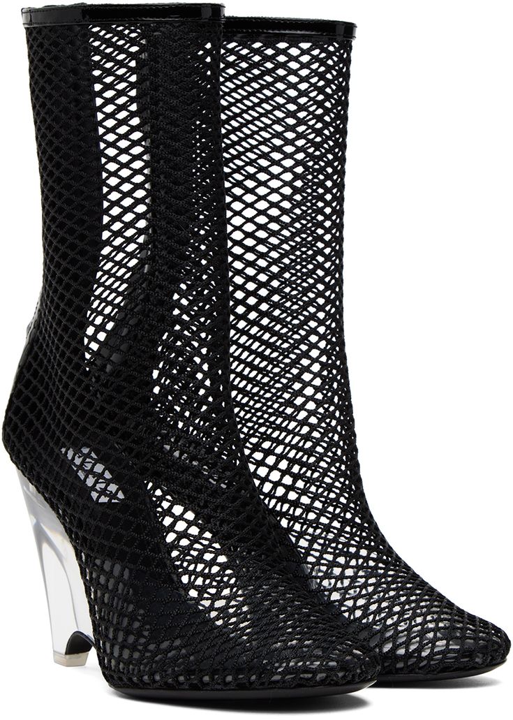 Mid-calf nylon mesh boots in black. Patent leather trim throughout. · Zip closure at heel counter · Logo patch at padded leather footbed · Transparent polyurethane wedge heel with rubber injection · Leather sole with rubber injection · Heel: H4 in Supplier color: Noir Mesh Boots, Digital Closet, Black Patent Leather, Leather Trim, Wedge Heels, Mid Calf, Leather Trims, Patch Logo, Patent Leather