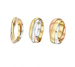 three different colored gold and silver rings