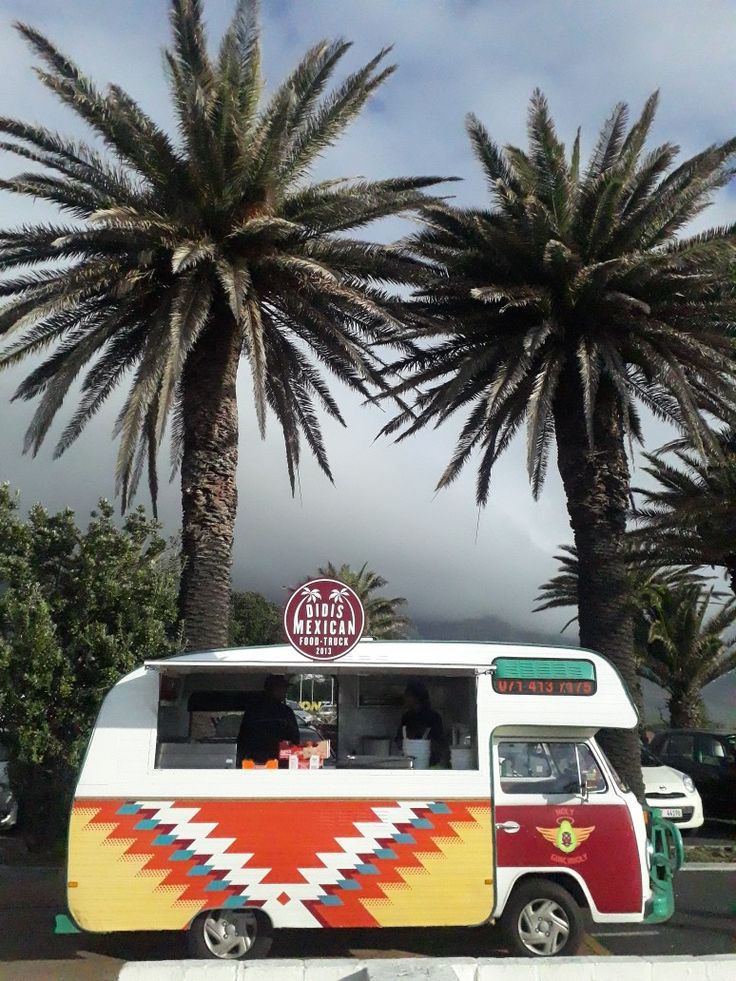 a van parked in front of two palm trees