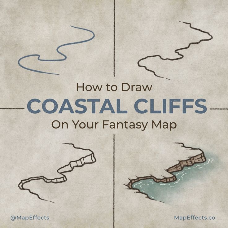 Tutorial on how to draw coastal cliffs on your fantasy map Map Inspired Art, Drawn Fantasy Map, Fantasy Map Borders, Fantasy Drawing Tutorial, Fantasy Map Icons Forest, How To Fantasy Map, How To Make Your Own Fantasy World, Fantasy Map Coastline, Fantasy World Map Blank