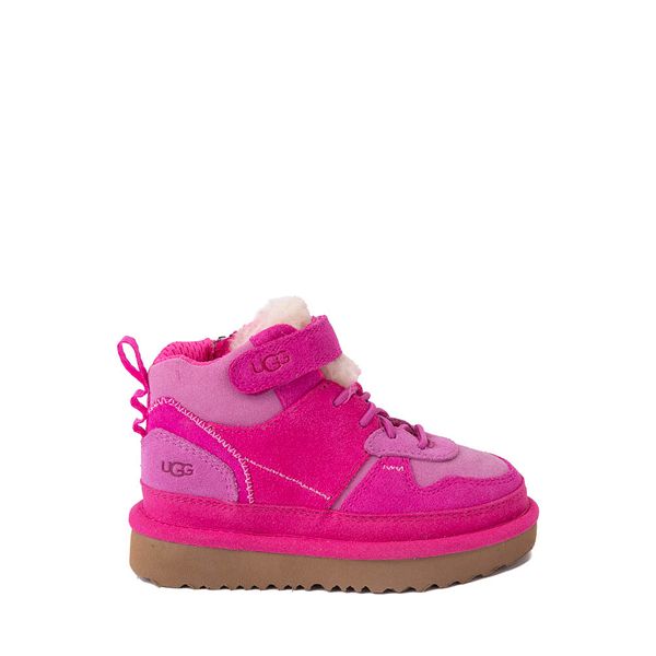 UGG® Highland Hi Heritage Sneaker - Toddler / Little Kid - Raspberry Sorbet / Rock Rose Winter Outdoor Sneakers With Laces, Sporty High-top Hiking Boots With Rubber Sole, Sporty High-top Sneakers With Round Toe For Hiking, Casual High-top Hiking Boots For Sports, Sporty High-top Sneakers For Hiking, Casual High-top Hiking Boots, Pink Sporty Sneakers For Outdoor, Mid-top Sneakers For Outdoor Activities, Sporty Pink Sneakers For Outdoor