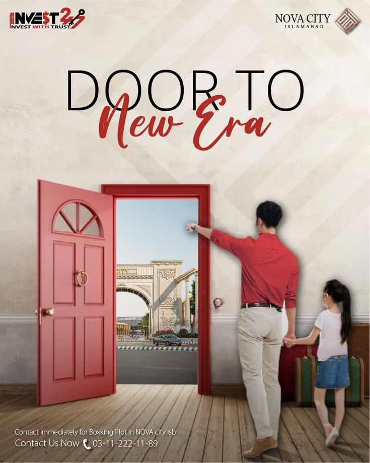 a man and girl standing in front of a red door with the words door to new era on it