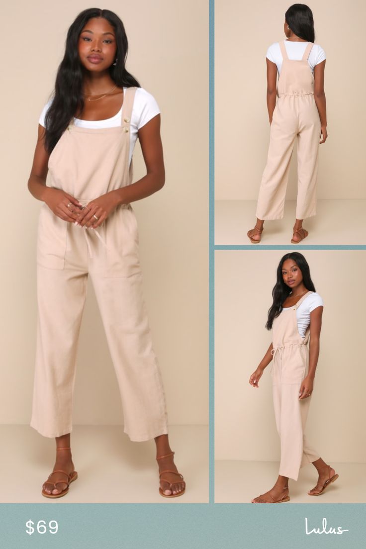 Pair a cute bikini underneath the Rhythm Verona Beige Drawstring Wide-Leg Jumpsuit and capture the look of the summer! Lightweight linen-blend fabric forms this versatile jumpsuit with a bib front and adjustable tank straps with brown marbled buttons. A drawstring waist sits above wide pant legs with slightly cropped hems. Two utilitarian pockets complete this cute and functional overall-style jumpsuit! Fit: This garment fits true to size. Length: Ankle length. Size medium measures 55" from adju Beige Linen Casual Jumpsuits And Rompers, Cotton Jumpsuits And Rompers With Tie Straps For Vacation, Cotton Jumpsuit With Tie Straps For Vacation, Beige Linen Summer Jumpsuits And Rompers, Cotton Overalls With Adjustable Straps For Beach, Linen Jumpsuit For The Beach, Summer Cotton Overalls With Adjustable Straps, Summer Overalls With Adjustable Straps, Summer Overalls With Adjustable Straps For Day Out