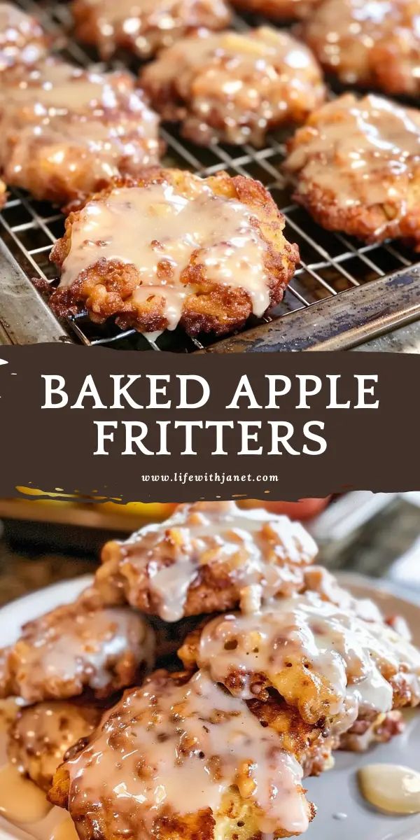 baked apple fritters on a cooling rack with icing and apples in the background