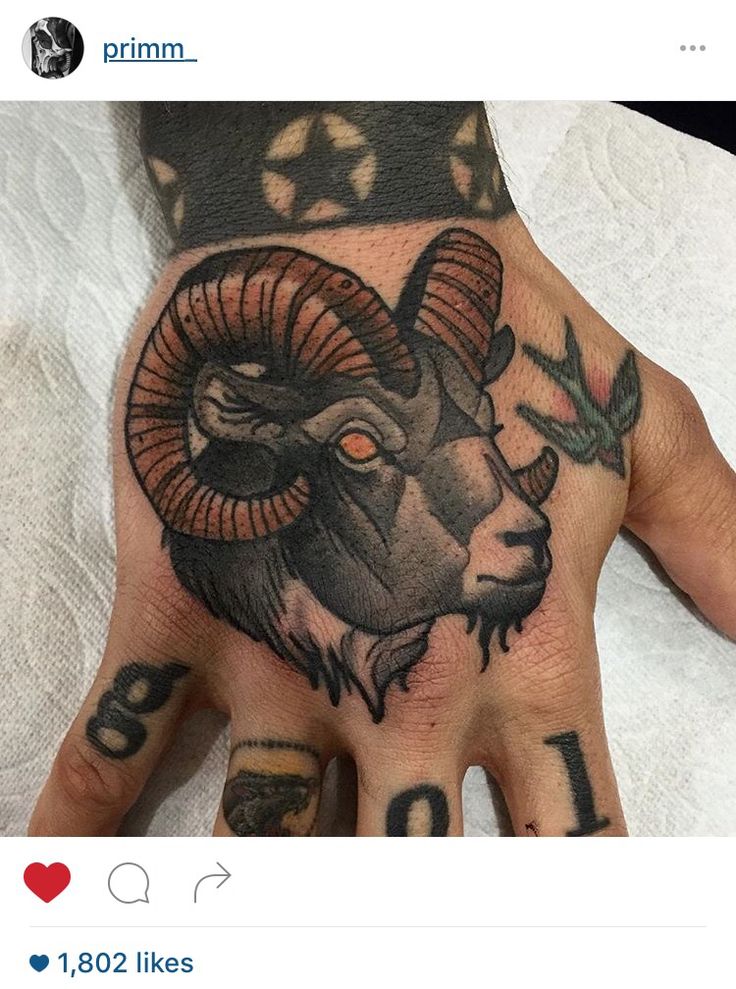 a hand with a ram tattoo on it and numbers tattooed on the middle of it