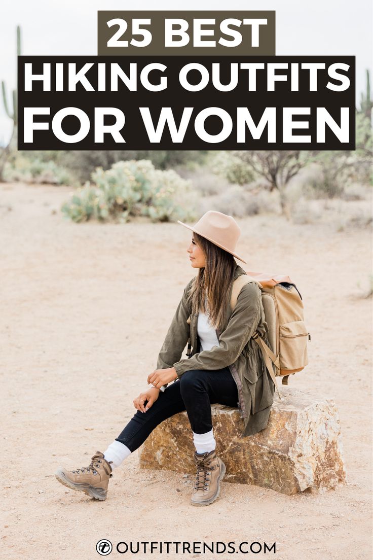 a woman sitting on top of a rock with the words 25 best hiking outfits for women