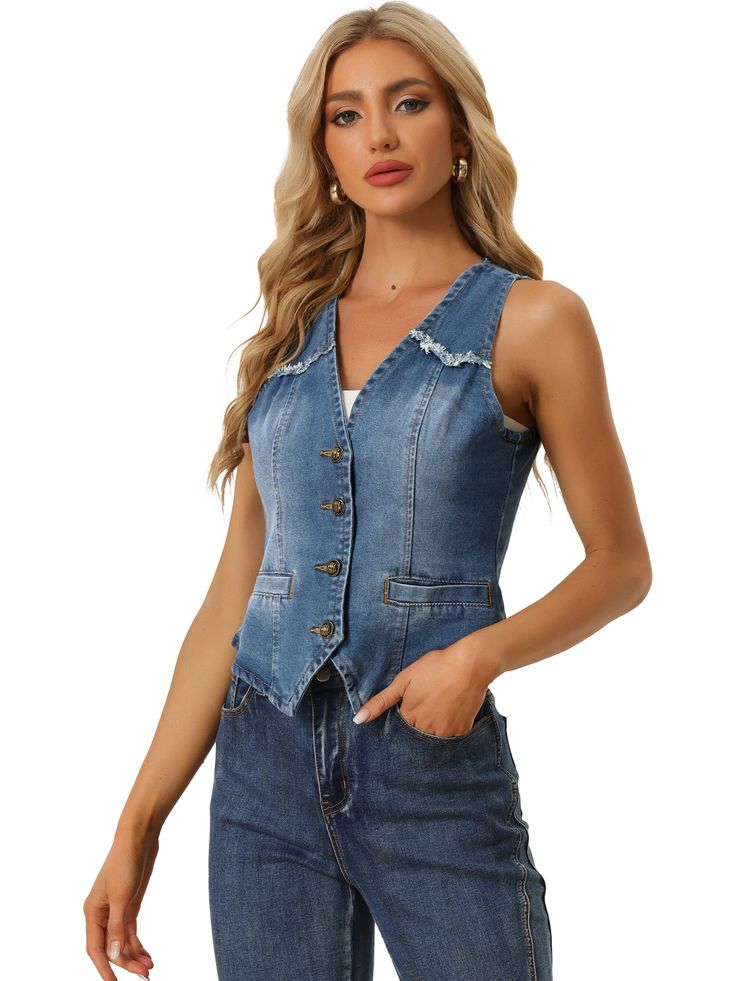 Shop Allegra K for denim vest sleeveless collarless washed distressed jean jacket you are looking for, get more women's demin jackets for yourelf. Order now! Free Returns! Trendy Denim Vest Top For Fall, Trendy Fall Denim Vest Top, Spring Dark Wash Denim Vest With Frayed Hem, Spring Casual Denim Vest Top, Casual Denim Vest Top For Spring, Casual Spring Denim Vest Top, Spring Dark Wash Denim Vest Top, Trendy Spring Denim Vest Top, Fitted Denim Vest With Washed Detail