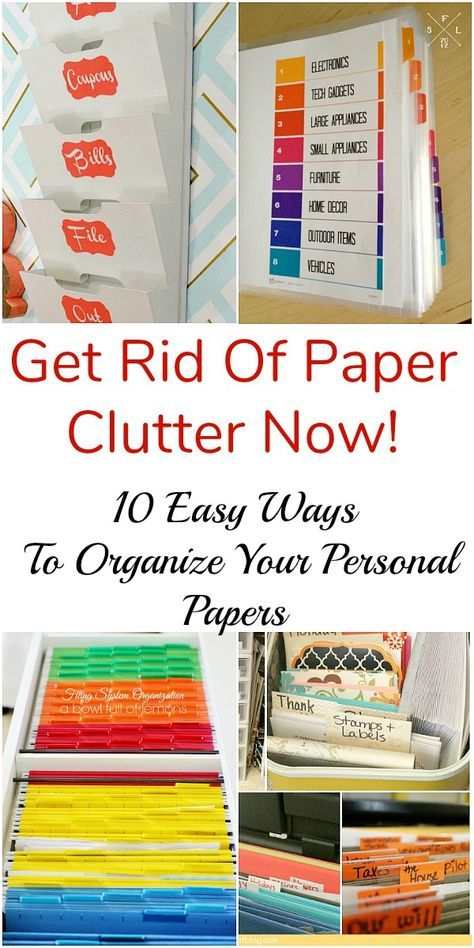 the words get rid of paper clutter now are shown in this collage with different images