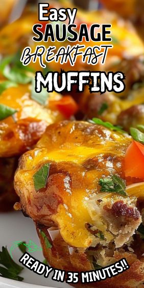 an easy sausage breakfast muffins recipe on a white plate with the words easy sausage breakfast muffins ready in 35 minutes