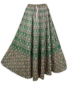 This stylish retro-inspired maxi skirt is perfect for summer days. The unique block print and lightweight fabric are perfect for the beach or hot weather. The S/M sizing offers a versatile fit and comfort for an array of body types. Back and front same, elastic waist and adjustable drawstring.A beautiful Long skirt with floral Print in a bohemian hippie style is a must-have in your wardrobe. The cotton fabric is ideal to wear in every season and the cute floral patterns stand out in a unique way Green Cotton Maxi Skirt, Green Cotton Full Maxi Skirt, Cotton Ankle-length Maxi Skirt For Summer, Green Full-length Summer Skirt, Green Full Length Summer Skirt, Green Full Length Skirt For Summer, Traditional Multicolor Maxi Skirt, Green Printed Summer Skirt, Green Cotton Maxi Skirt With Lining