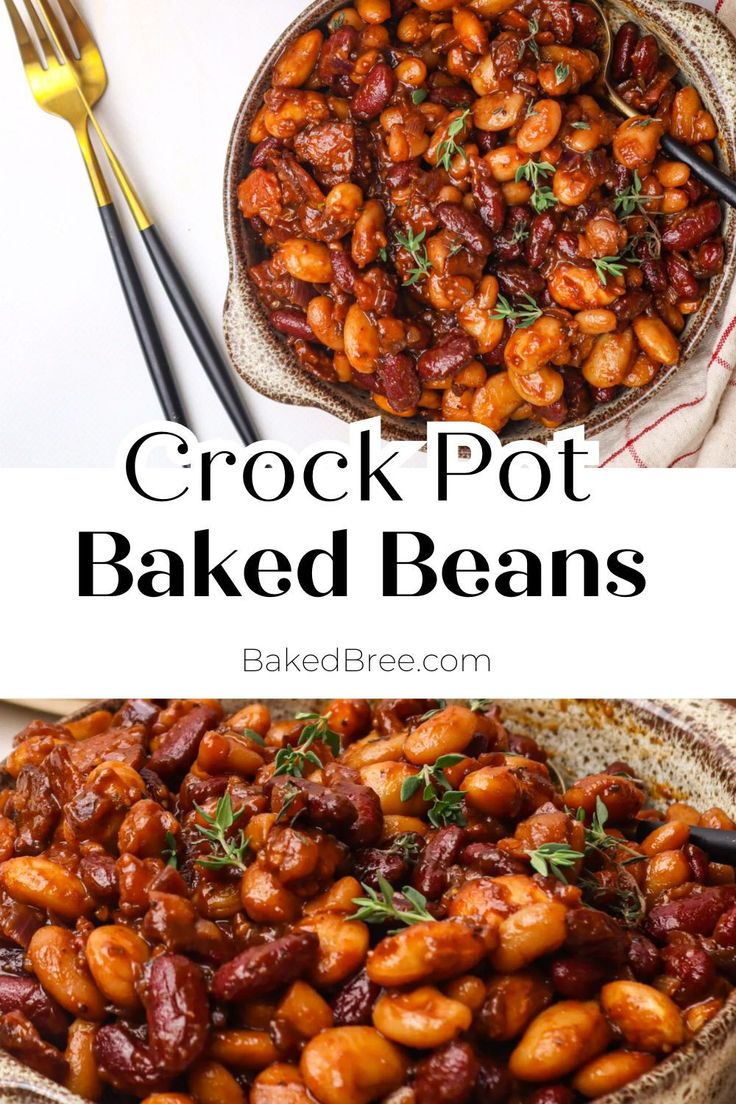 crock pot baked beans in a bowl with spoons