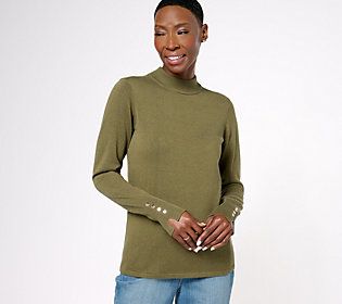 Bump up your basics with this mock-neck sweater. This lightweight layer can be worn alone or teamed with a biker jacket for an ultra-chic, ultra-sleek style. And there's no need to wear a bracelet with this top, the snaps at the cuff add visual allure to the look. From the Joan Rivers Classics Collection®. Trendy Mock Neck Top For Winter, Trendy Mock Neck Top For Spring Workwear, Winter Mock Neck Top For Layering, Trendy Mock Neck Top For Winter Workwear, Trendy Mock Neck Top For Work In Winter, Casual Stretch Mock Neck Top For Winter, Stretch Mock Neck Top For Workwear In Fall, Stretch Mock Neck Top For Winter Workwear, Winter Stretch Mock Neck Top For Work