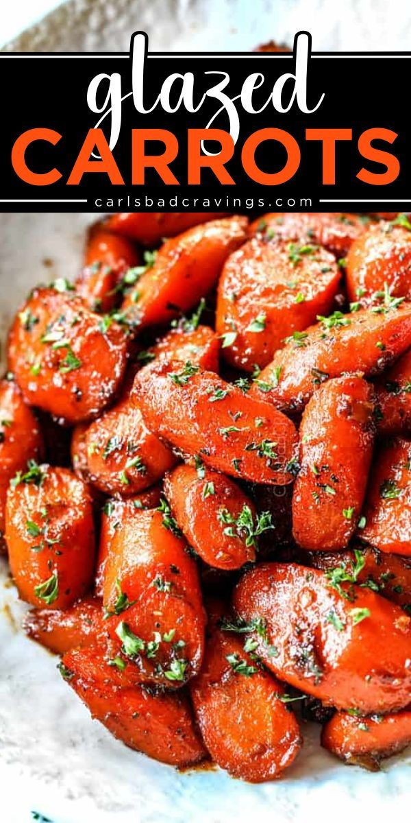 glazed carrots in a bowl with parsley on top and text overlay that reads glazed carrots