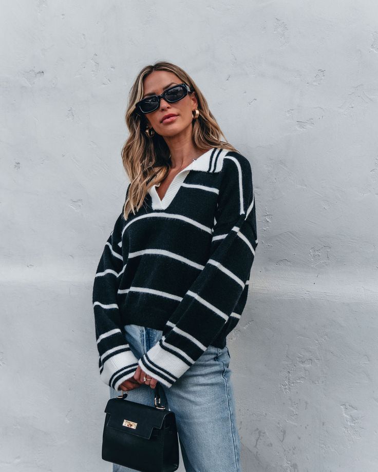 Stay warm and stylish this fall season with our Black and White Stripe Collared Sweater! This long-sleeved sweater features a collared v-neckline and ribbed detailing for a classic look. Made with a comfortable sweater material, the striped pattern adds a touch of sophistication. Simply style it with jeans, ankle booties, and a black clutch for a chic everyday outfit! Sorority Rush Outfits, Rush Outfits, Gameday Dress, Collared Sweater, Loungewear Dresses, Sleeved Sweater, Casual White Dress, Comfortable Sweater, Black Clutch