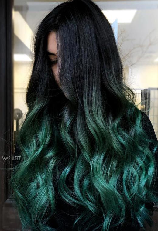 63 Offbeat Green Hair Color Ideas in 2020: Green Hair Dye Kits to Try Black Hair With Green Peekaboos, Forest Green Hair Highlights, Emerald Green Highlights In Black Hair, Hunter Green Hair Color, Long Black And Green Hair, Dark Brown And Dark Green Hair, Ombré Green Hair, Black And Green Ombre Hair, Brunette With Green Highlights