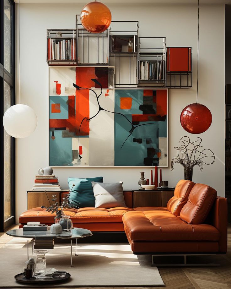 a modern living room with orange and blue furniture, bookshelves and art on the wall