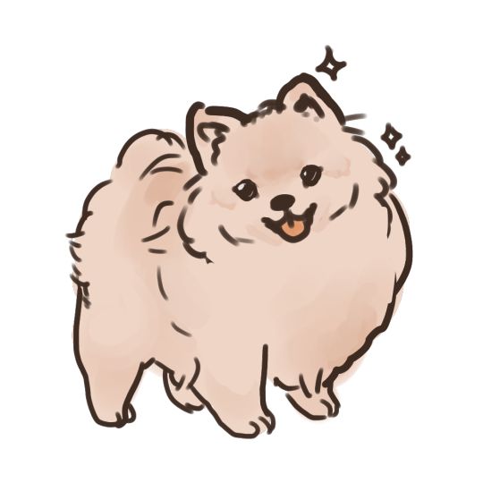 a drawing of a pomeranian dog with stars on its head and tail, standing in front of the camera