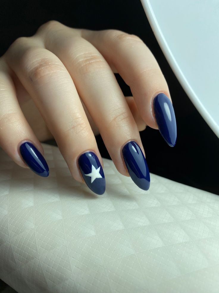 Navy Blue Almond Nail Designs, Simple Dark Blue Nail Designs, Navy Blue Nail Ideas Almond, Dark Blue Almond Acrylic Nails, Blue Nail Ideas 2024, Blue Grunge Nails, Blue Star Nails Acrylic, Navy Blue Nails Aesthetic, Navy Nails Almond