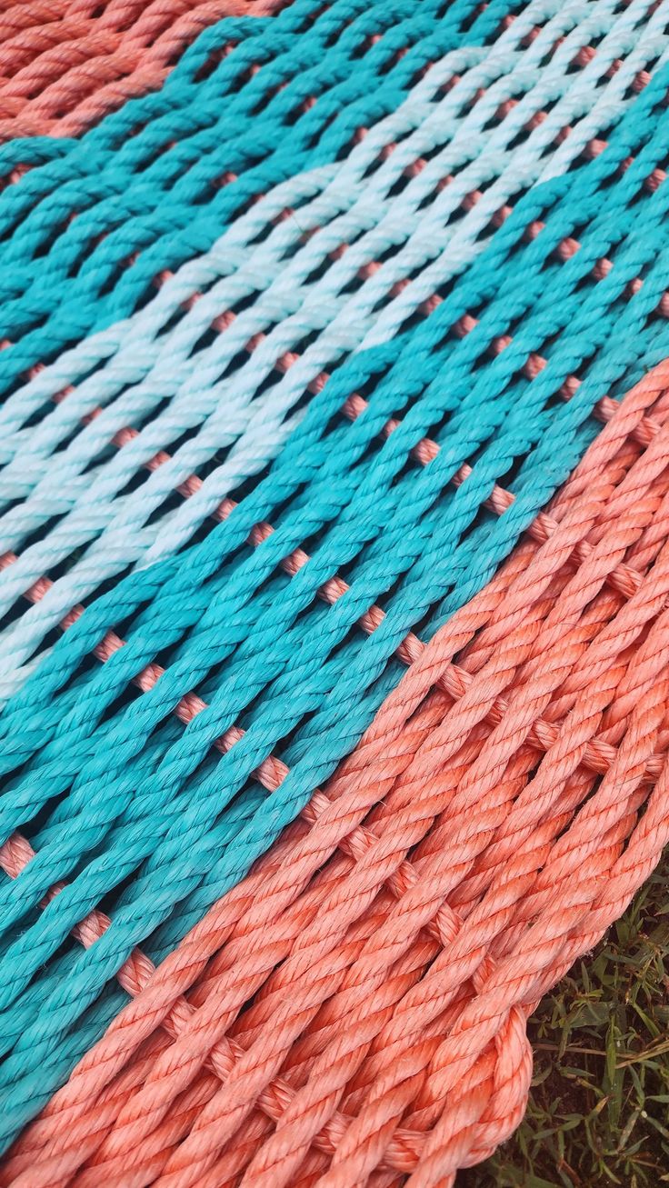 5 Stripe Lobster Rope Mat Orange Teal and Seafoam Little Salty Rope Cleaning Shoes, Rope Mat, Rope Rug, Entryway Bathroom, Small Island, Clean Shoes, Sea Foam, The Coast, Beautiful Hand