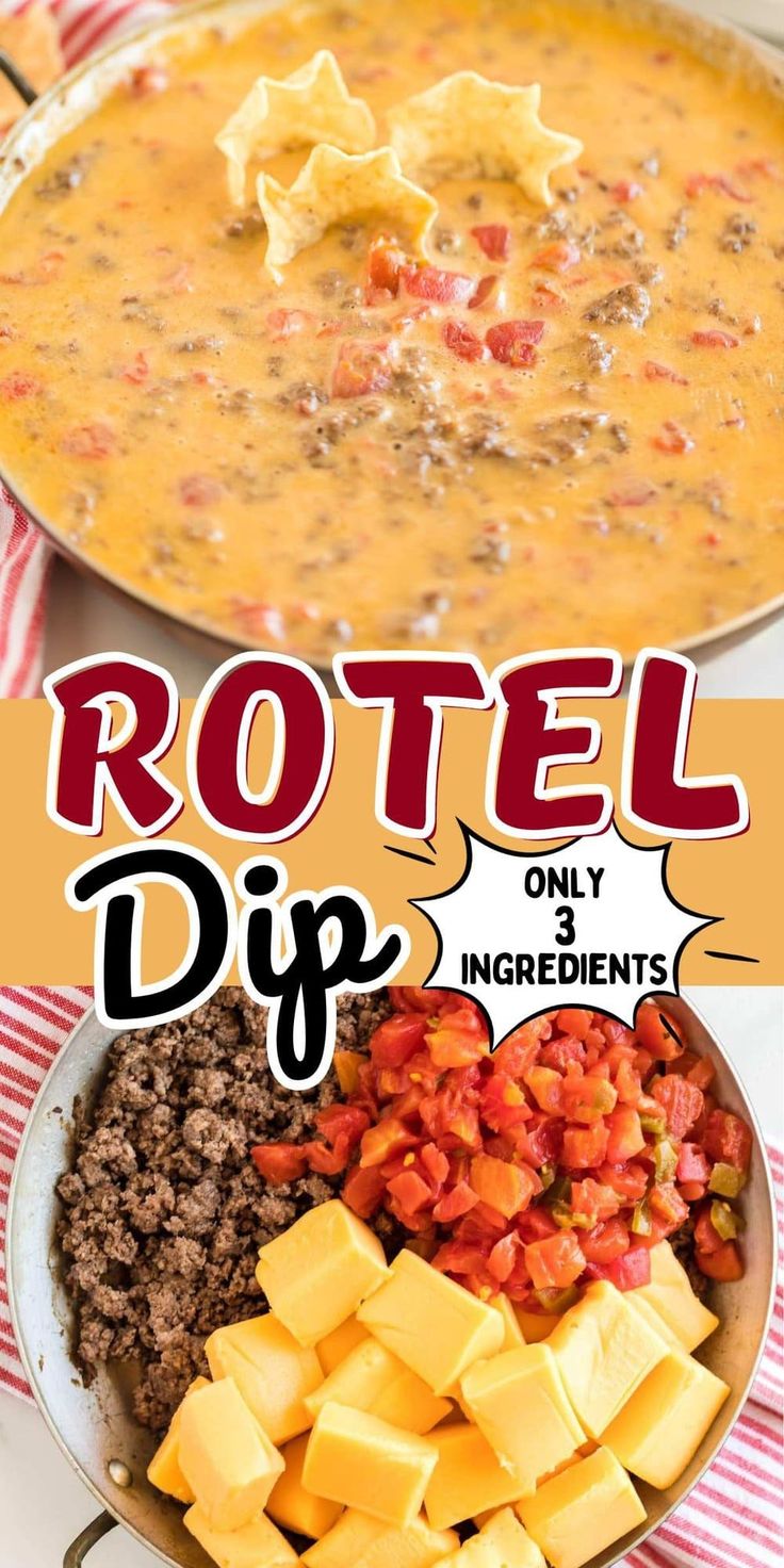 a bowl of soup with cheese and other foods in it, next to the words hotel dip