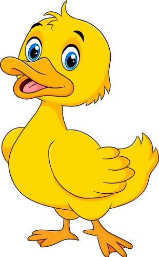 a yellow duck with big blue eyes