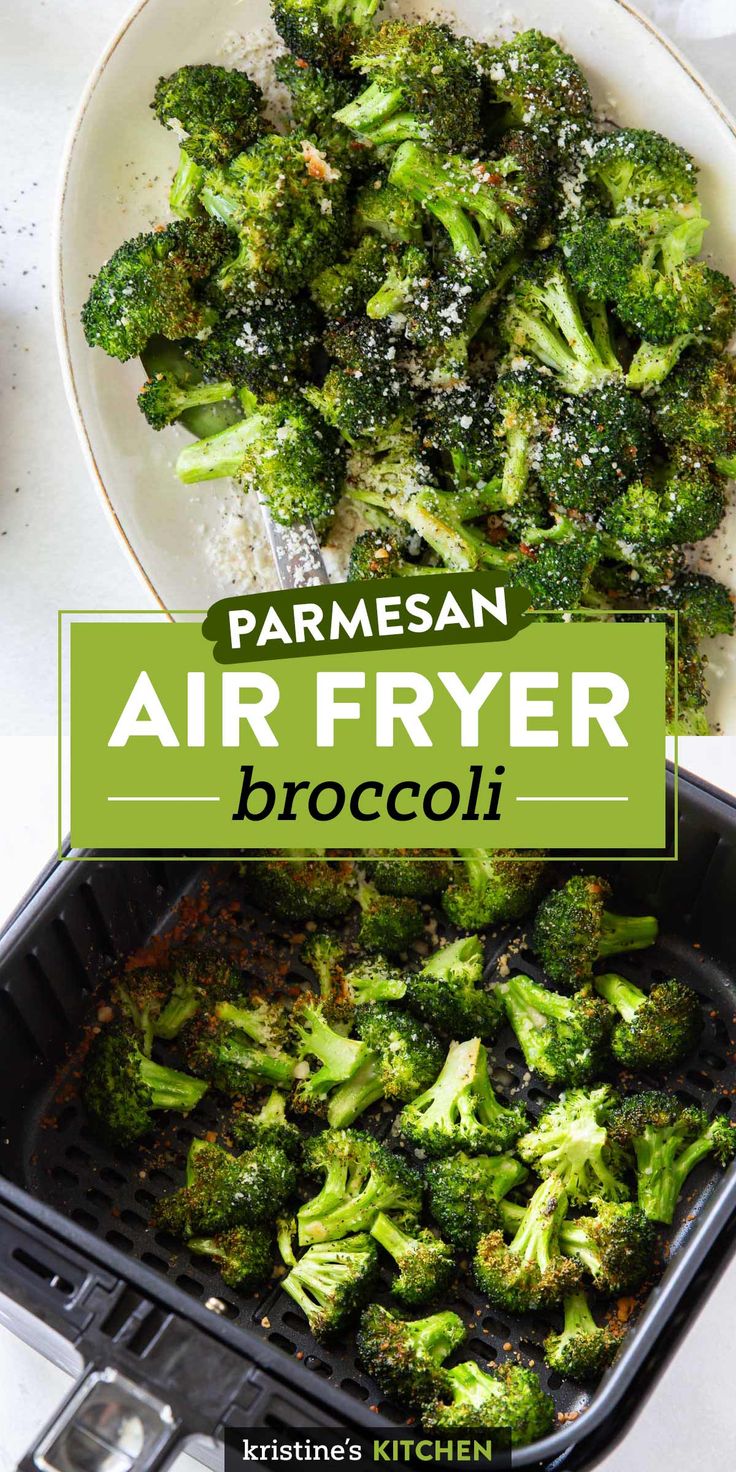 broccoli is being cooked in a pan with parmesan air fryer