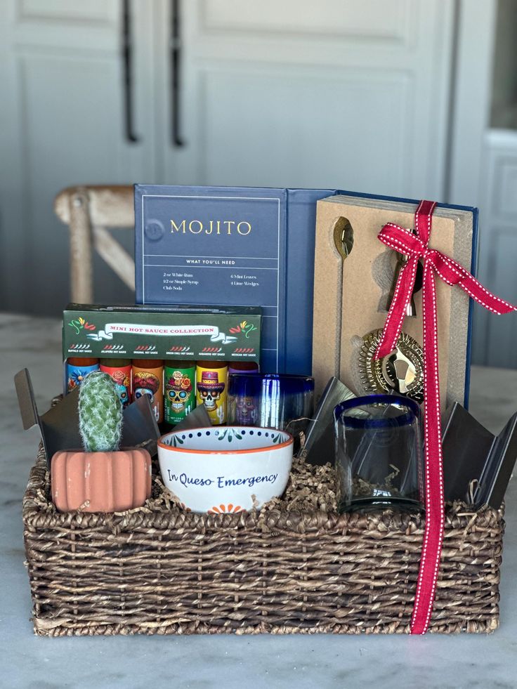 the gift basket is filled with various items