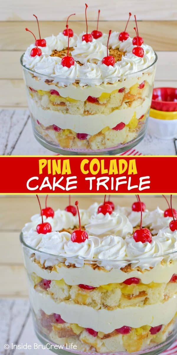 two pictures of a pine colada cake with cherries on top