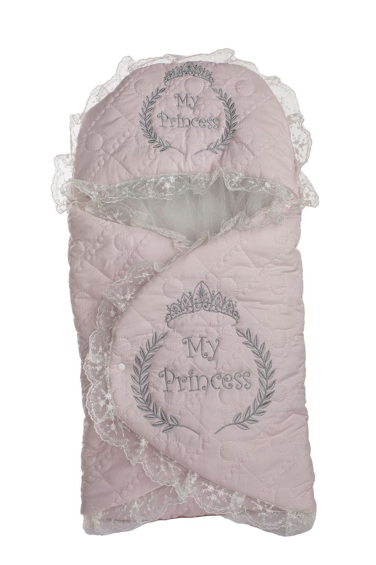 a pink sleeping bag with the words my princess written on it and an embroidered crown