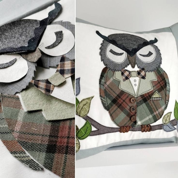 an owl is sitting on a plaid pillow and another photo has been altered to look like it's made out of fabric