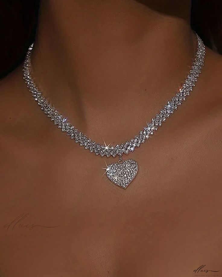 Elluis - Classic Rhinestone Heart Pendant Necklace - Elegant Wedding Jewelry Piece Elegant Cubic Zirconia Heart Necklace For Party, Heart Cut Cubic Zirconia Party Necklace, Valentine's Day Party Heart Necklace In Cubic Zirconia, Crystal Double Heart Necklaces For Wedding, Heart Cut Charm Jewelry For Party, Crystal Double Heart Jewelry For Wedding, Party Jewelry With Heart Cut Charm, Heart Cut Jewelry With Heart Charm For Party, Crystal Heart Jewelry For Wedding