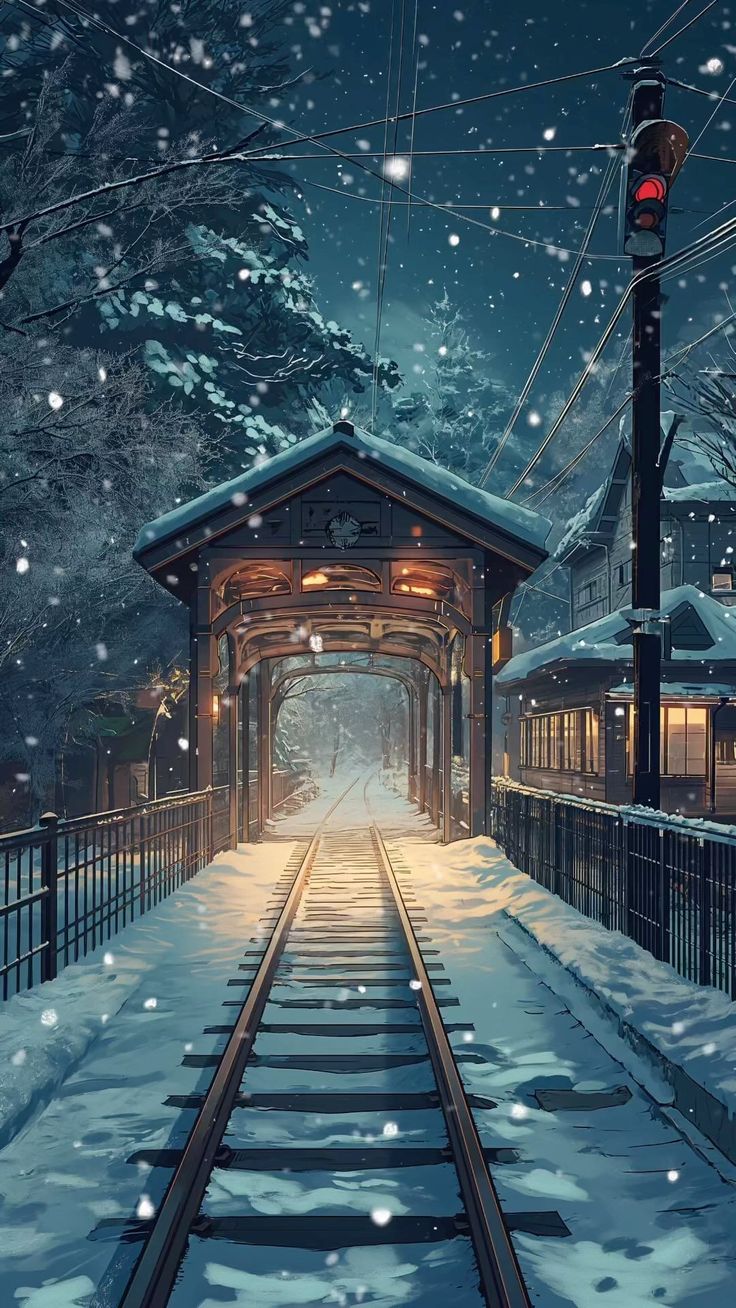 a train station with snow falling on the ground