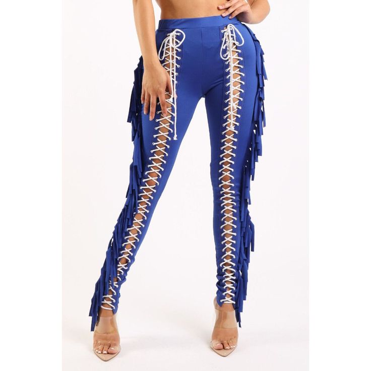 Womens Chic Lace Up Detailed Fringe Pants Fashion Stylish Tassels Slim Trousers Condition: New With Tags Accents: Fringe Style: Fringe Pants Material: 88% Polyester, 12% Spandex Fit: Slim Type: Pants Features: Breathable, Comfort, Slimming Color: Royal Closure: Lace Up Leg Style: Skinny The Model Is Wearing Small Height 5'3" Bust 35.5 Waist 25 Hip 40 Tags Sexy,Shirts,T,White,Sleeve,Neck,Top,Tops,Tee,V,Tshirts,Black,Long,Cotton,Casual,Losse,Essentials,Tees,Summer,Fit,Basic,Soft,Plain,Crew,Round,B Fitted Bottoms With Tassels For Spring, Fitted Bottoms With Tassels For Festival, Trendy Fitted Bottoms With Tassels, Trendy Party Bottoms With Tassels, Trendy Tasseled Bottoms For Party, Spring Party Pants With Fringe, Spring Fringe Pants For Party, Trendy Blue Pants For Festival, Trendy Blue Festival Pants