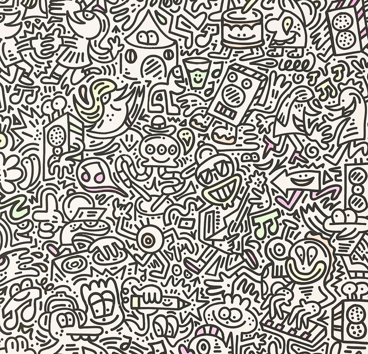 an abstract black and white background with lots of doodled letters in the shape of faces