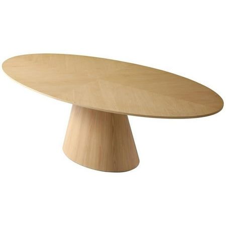 an oval wooden table sitting on top of a white background