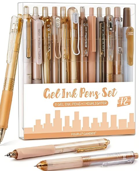 an assortment of pens and pencils in a box with the words gel ink pens set 12