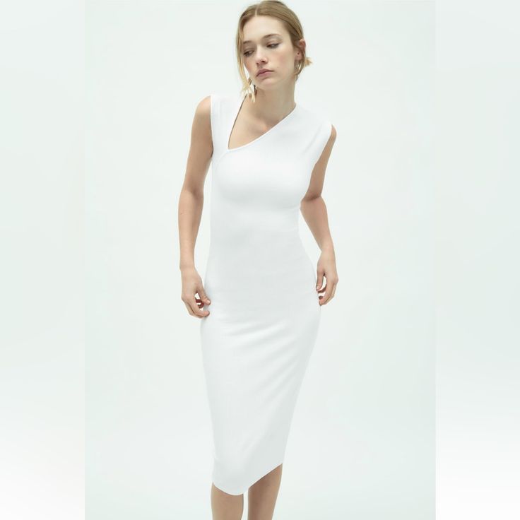 New With Tag Sleeveless Fitted Midi Dress With Asymmetric Neckline. White 5584/179 Outer Shell 88% Viscose 12% Elastane 370 Chic White One-shoulder Dress With Asymmetrical Hem, Modern One-shoulder Asymmetrical Dress For Spring, Modern One Shoulder Spring Dress, Modern Sleeveless Maxi Dress For Party, White Midi Dress With Asymmetrical Neckline For Summer, Modern Asymmetrical One Shoulder Dress, Modern Asymmetrical One-shoulder Dress, White One-shoulder Midi Dress For Spring, Modern One Shoulder Summer Dress