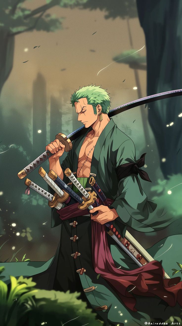 an anime character with green hair holding two swords in his hands and looking at the camera