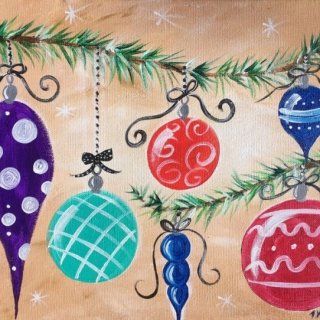 a painting of christmas ornaments hanging from a tree