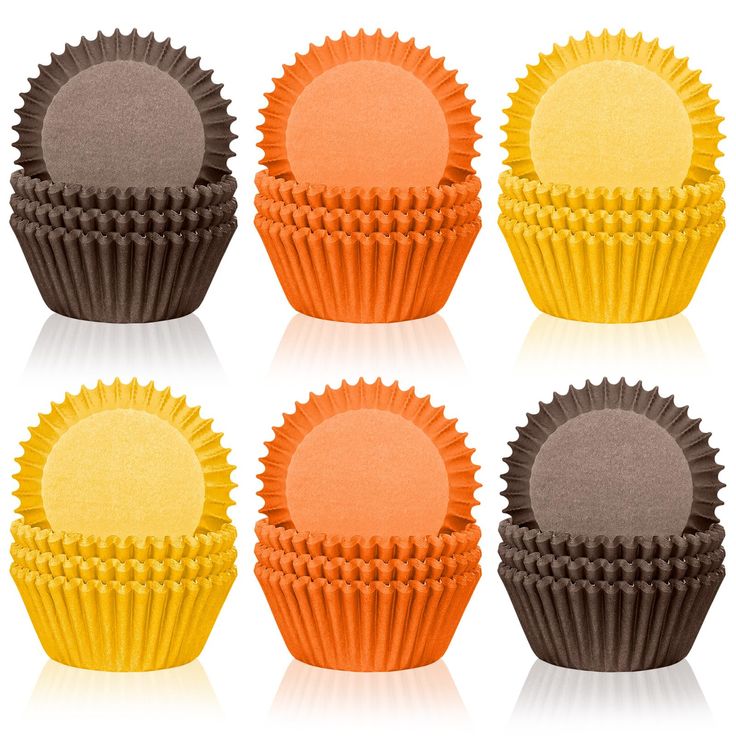 six different colored cupcake liners on a white background