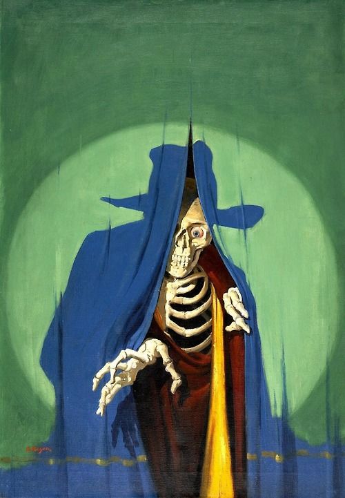 a painting of a skeleton standing in front of a green background with the shadow of a man