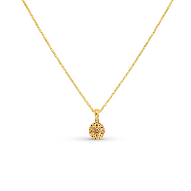 Surprise the one you adore with this classic yellow gold diamond pendant necklace. Crafted in 18K yellow gold, the shimmering pendant showcases a classic brilliant cut round diamond - artfully set to enhance size and sparkle - wrapped in a pave-lined diamond halo. This radiant look is one she'll turn to often, everyday and on special occasions. An amazing and thoughtful anniversary gift for your loved one.
Center Diamond: 

Weight: 0.30
Shape: Round 
Color: H
Clarity: SI1

Si Gold Flower Design, Gold Diamond Pendant Necklace, Gold Link Chain, Pave Pendant, Orange Sapphire, Feather Pendant, Diamond Star, Ball Pendant, Tennis Bracelet Diamond