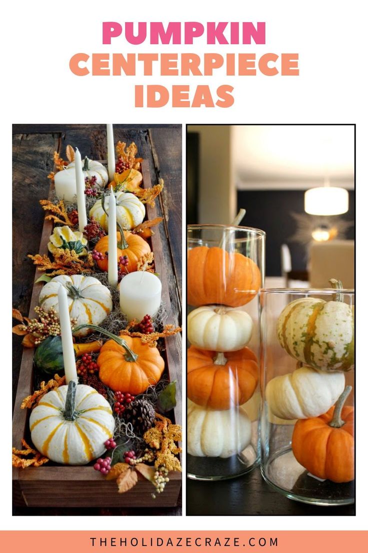 pumpkin centerpieces are displayed in glass vases with candles and flowers on them